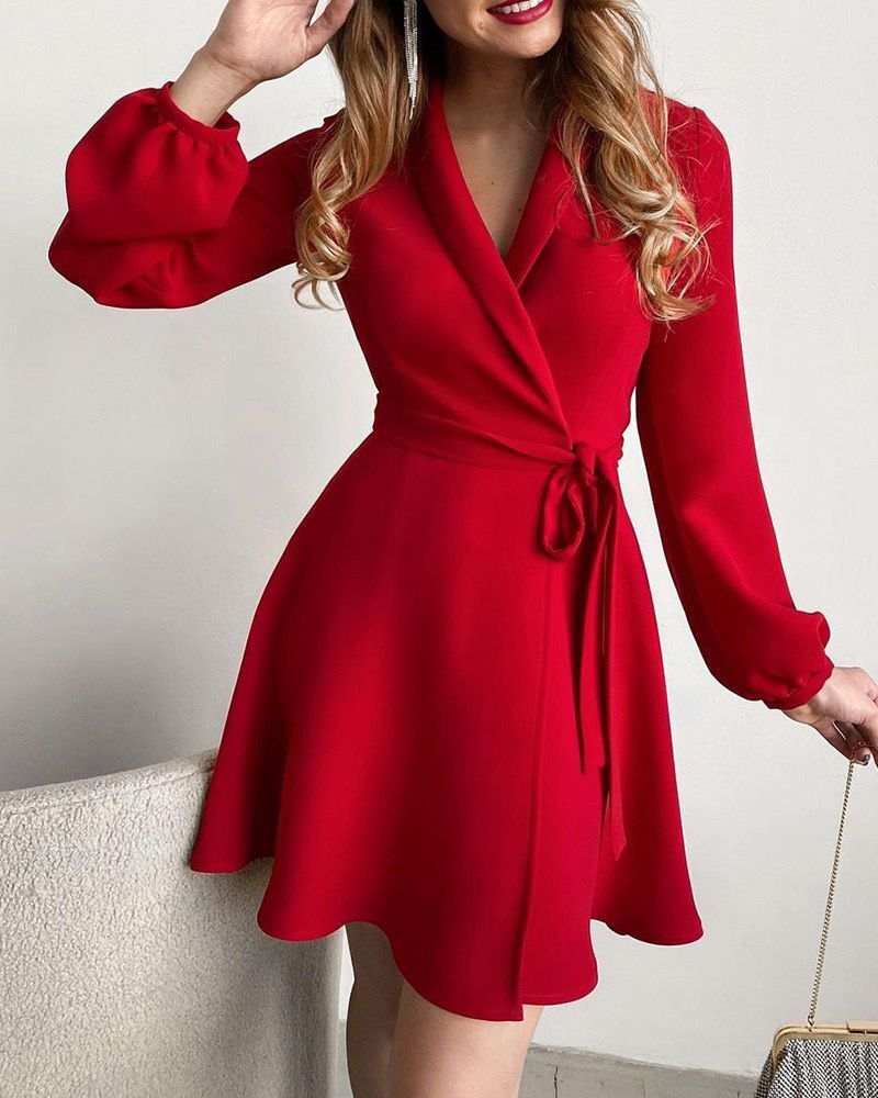 Women's Floral Printing Lapel Long Sleeve Waist Dresses