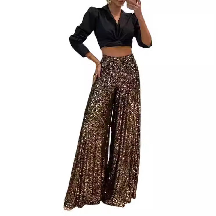 Elegant Commuter Everyday Style Pure Color Sequins Wide Pants