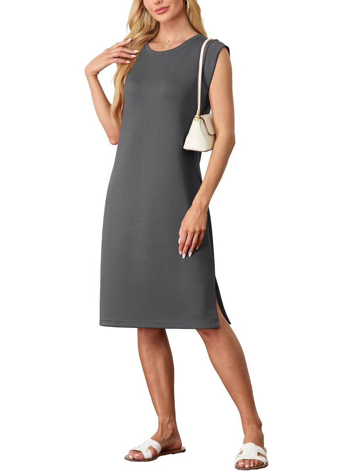 Women's Fashion Round Neck Sleeveless Split Pocket Dresses