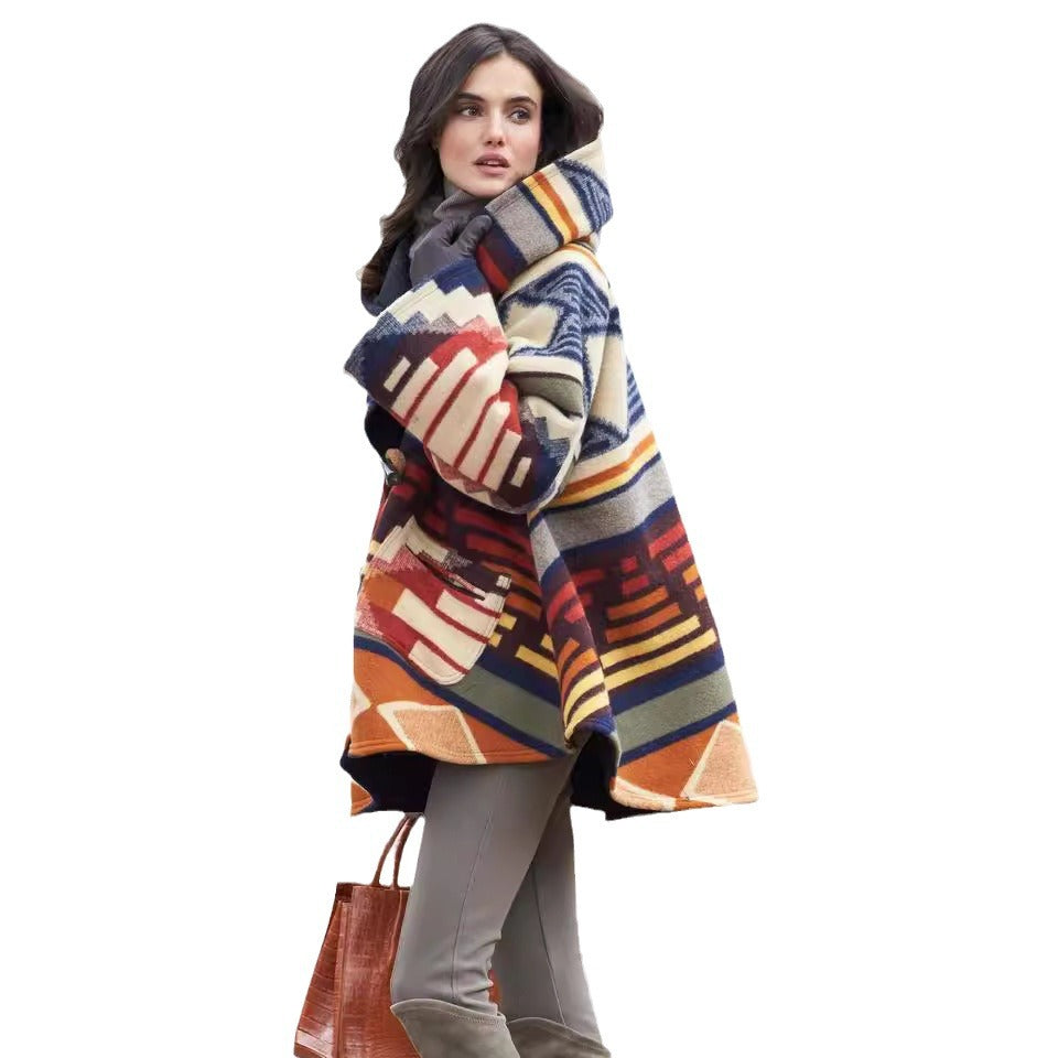 Women's Long Sleeve Hooded Printed Woolen Coats