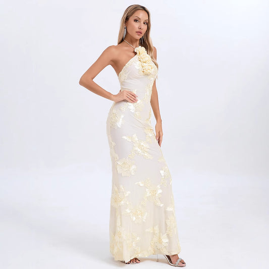 Women's Elegant Halter Dress Flower Decoration Bronzing Dresses
