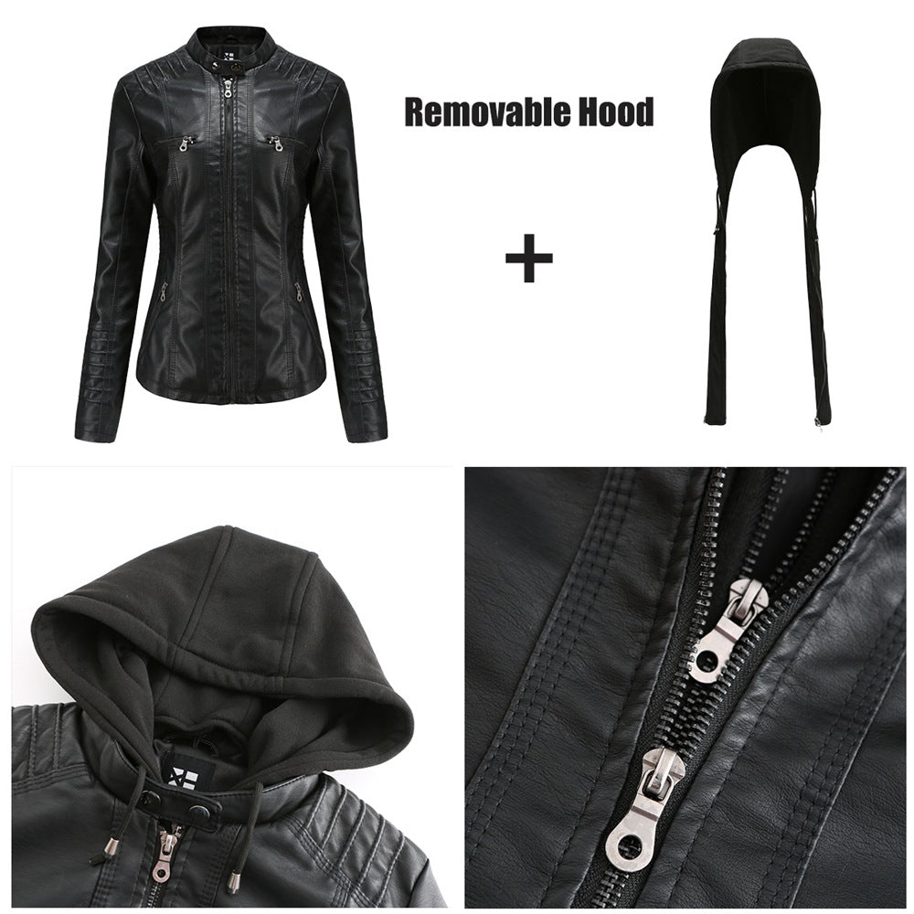 Women's Hooded Leather Two-piece Detachable Large For Jackets
