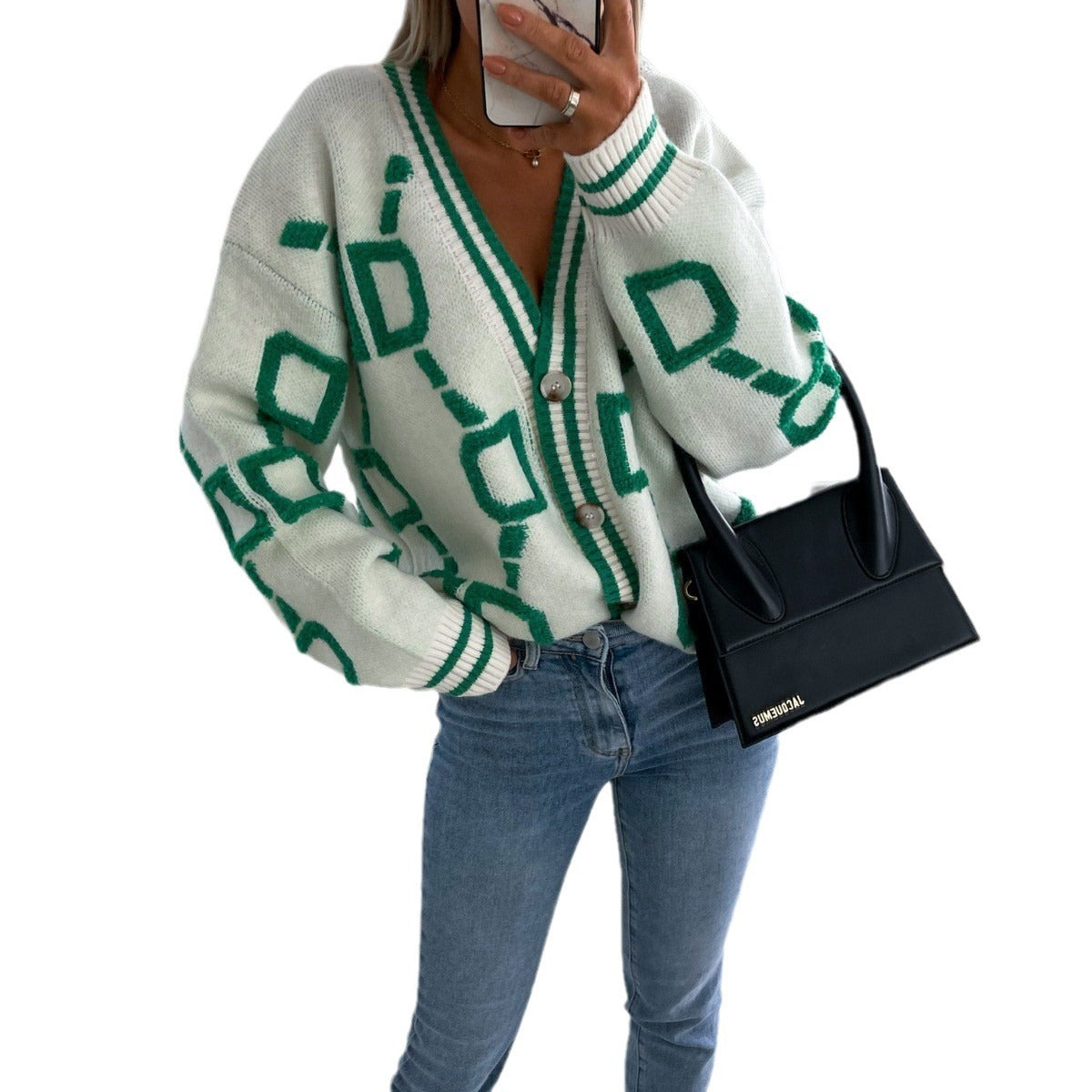 Women's Single Breasted Geometric Knitted Loose Coats