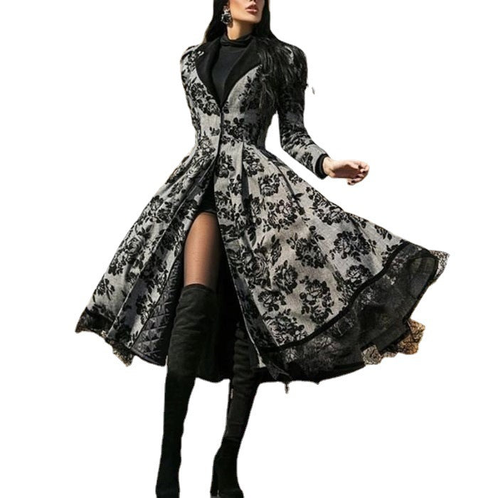 Women's Beautiful Lace Splicing Retro Long Trench Coats