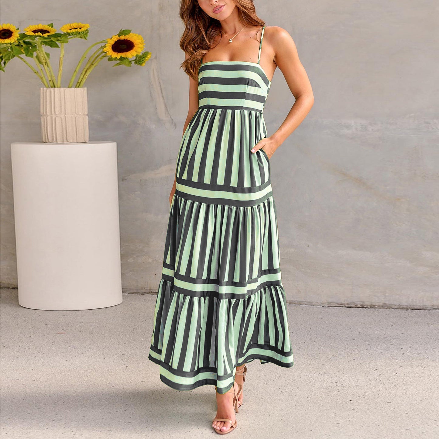 Women's Striped Positioning Printed Sling Backless Pocket Dresses