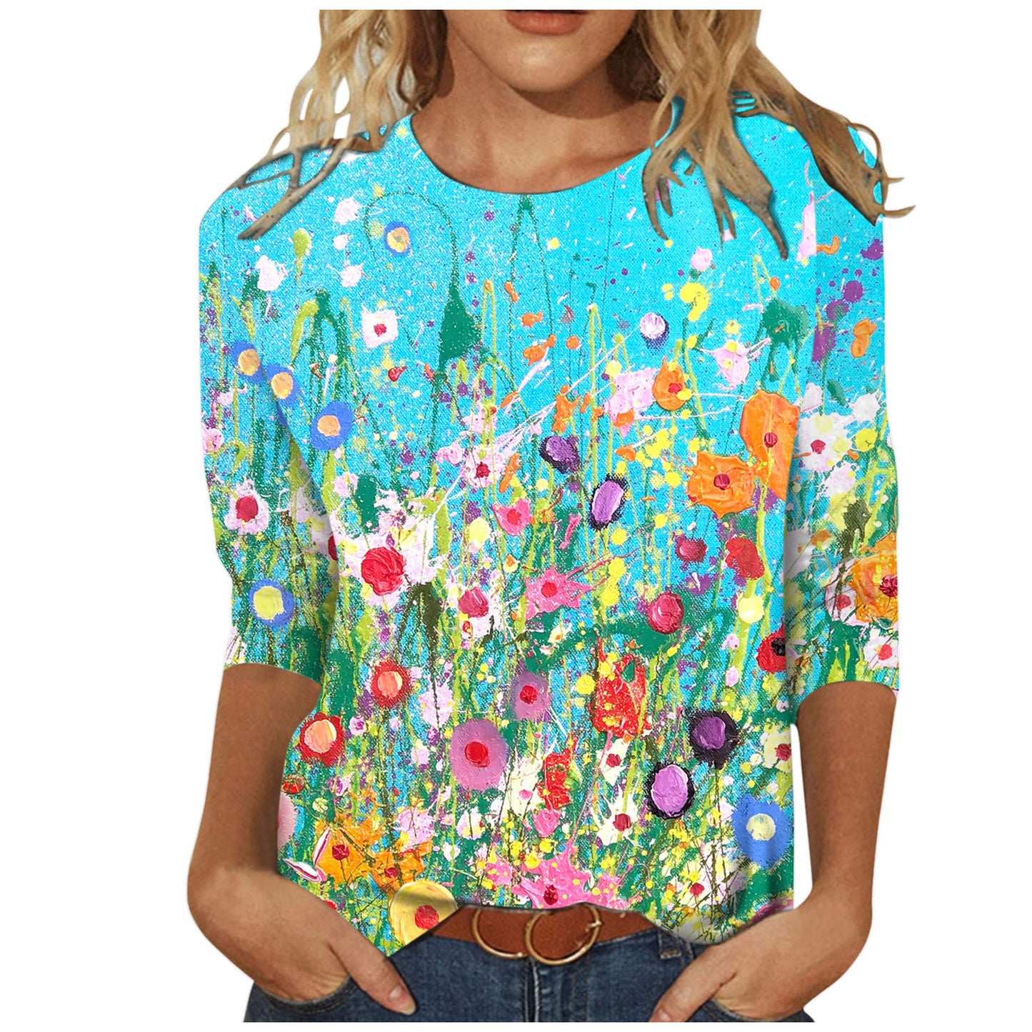 Women's Round Neck Long Sleeve Loose Print Blouses