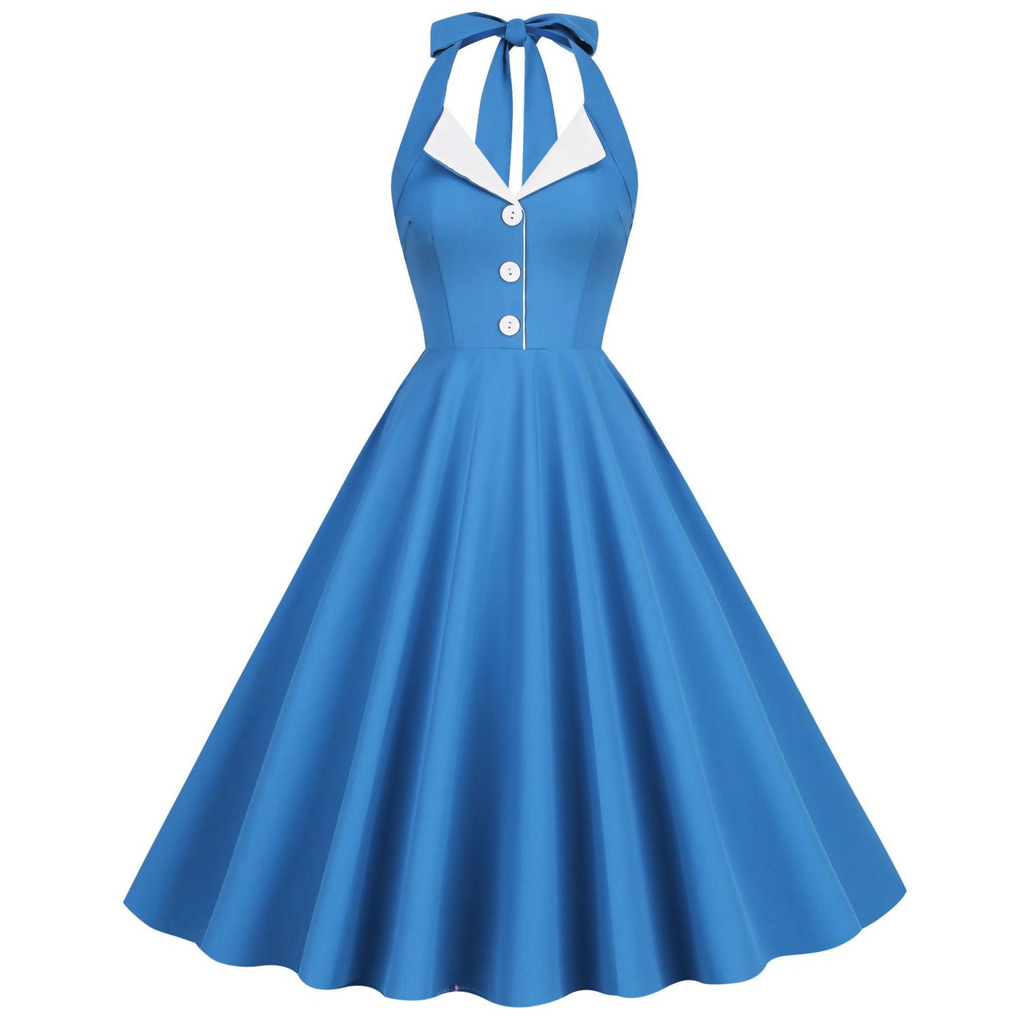 Style Contrast Color Retro Lapel Backless Halter Dress Dresses