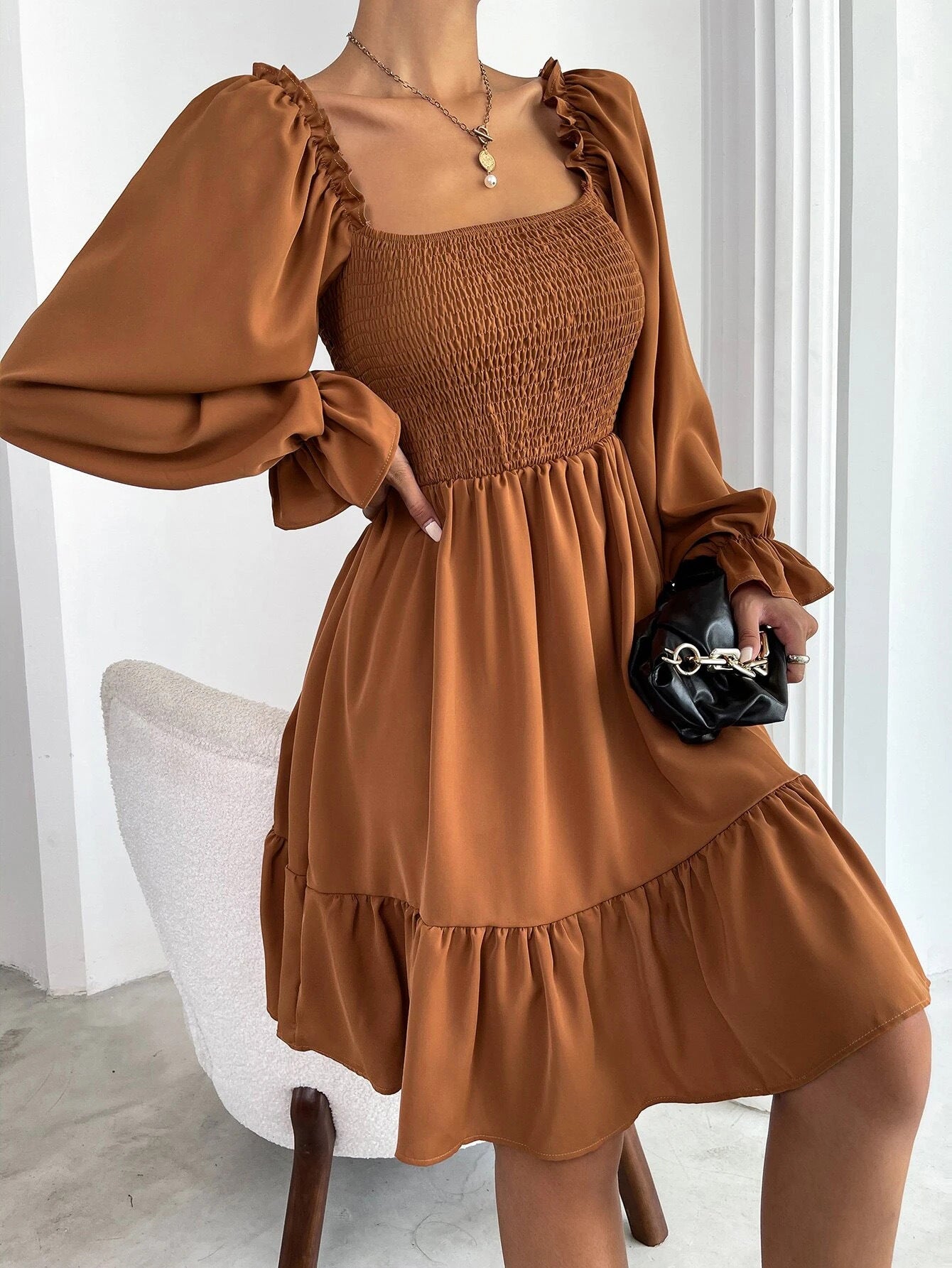 French Simplicity Square Collar Parallel Ruffled Dresses