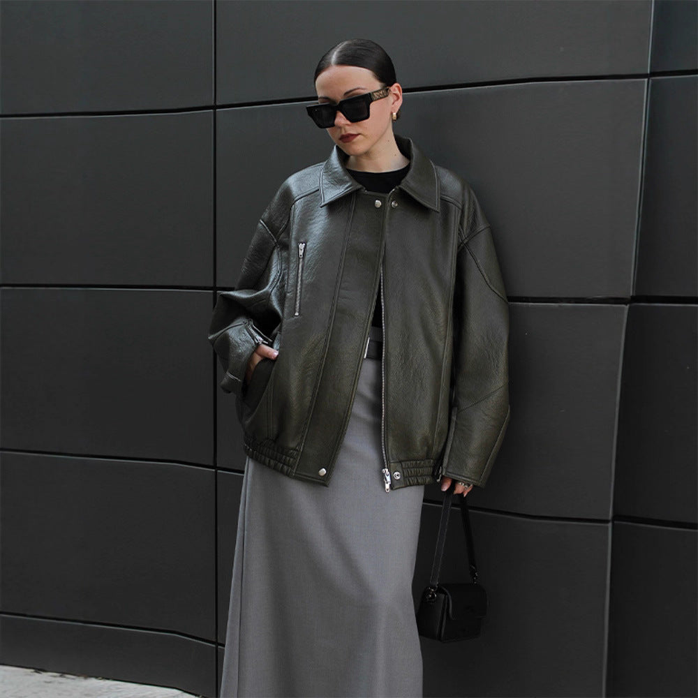 Solid Color Polo Collar Zipper Leather Jackets