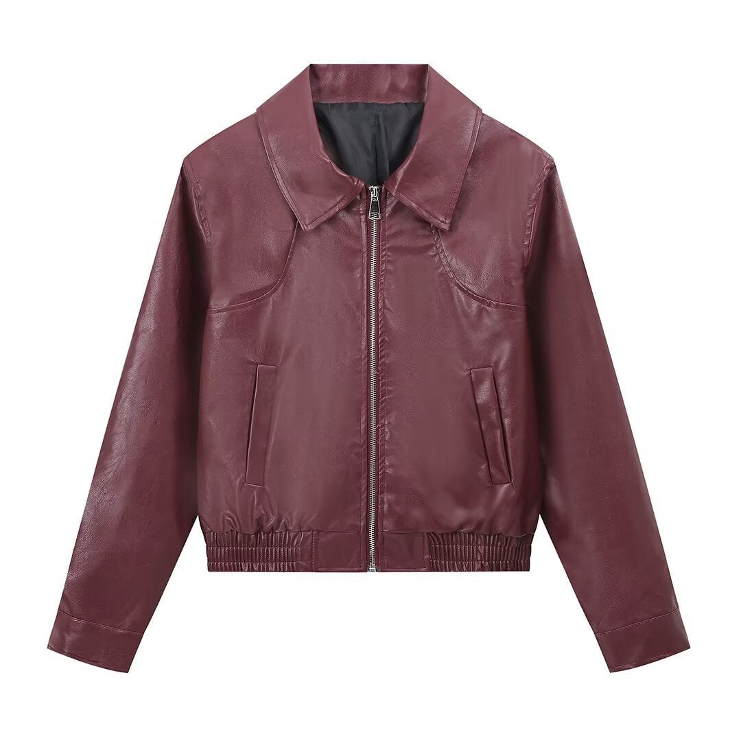 Women's Fashion Polo Collar Long Sleeve Leather Jackets