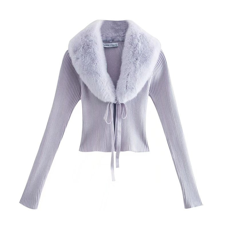 Women's Artificial Fur Effect Patchwork Knitting Slim Sweaters