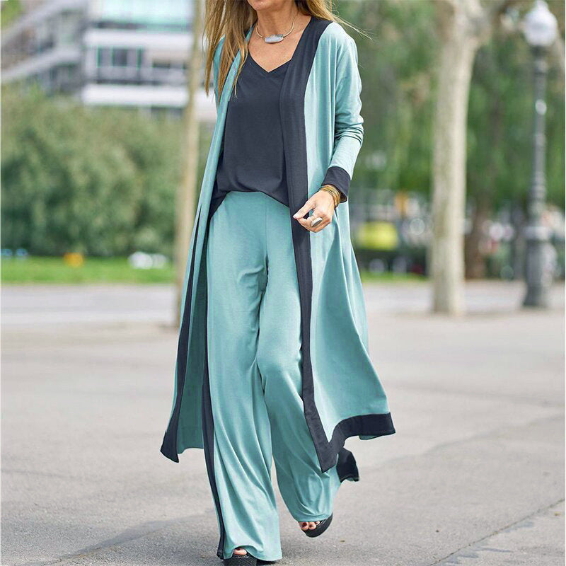 Contrast Sleeveless Long Sleeve Trousers Three-piece Cardigans