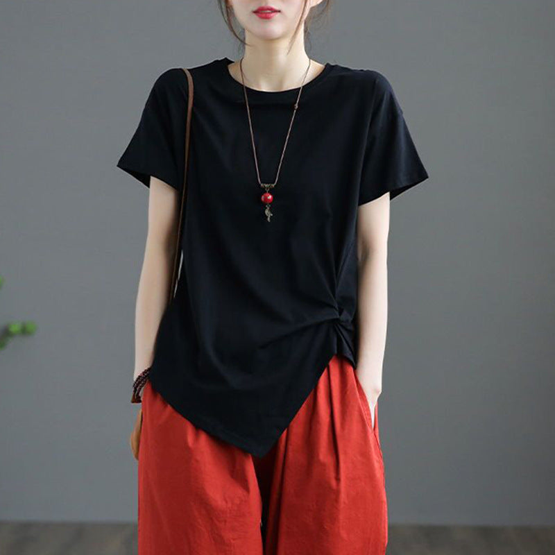 Women's Pleated Short-sleeved T-shirt Summer Artistic Retro Blouses