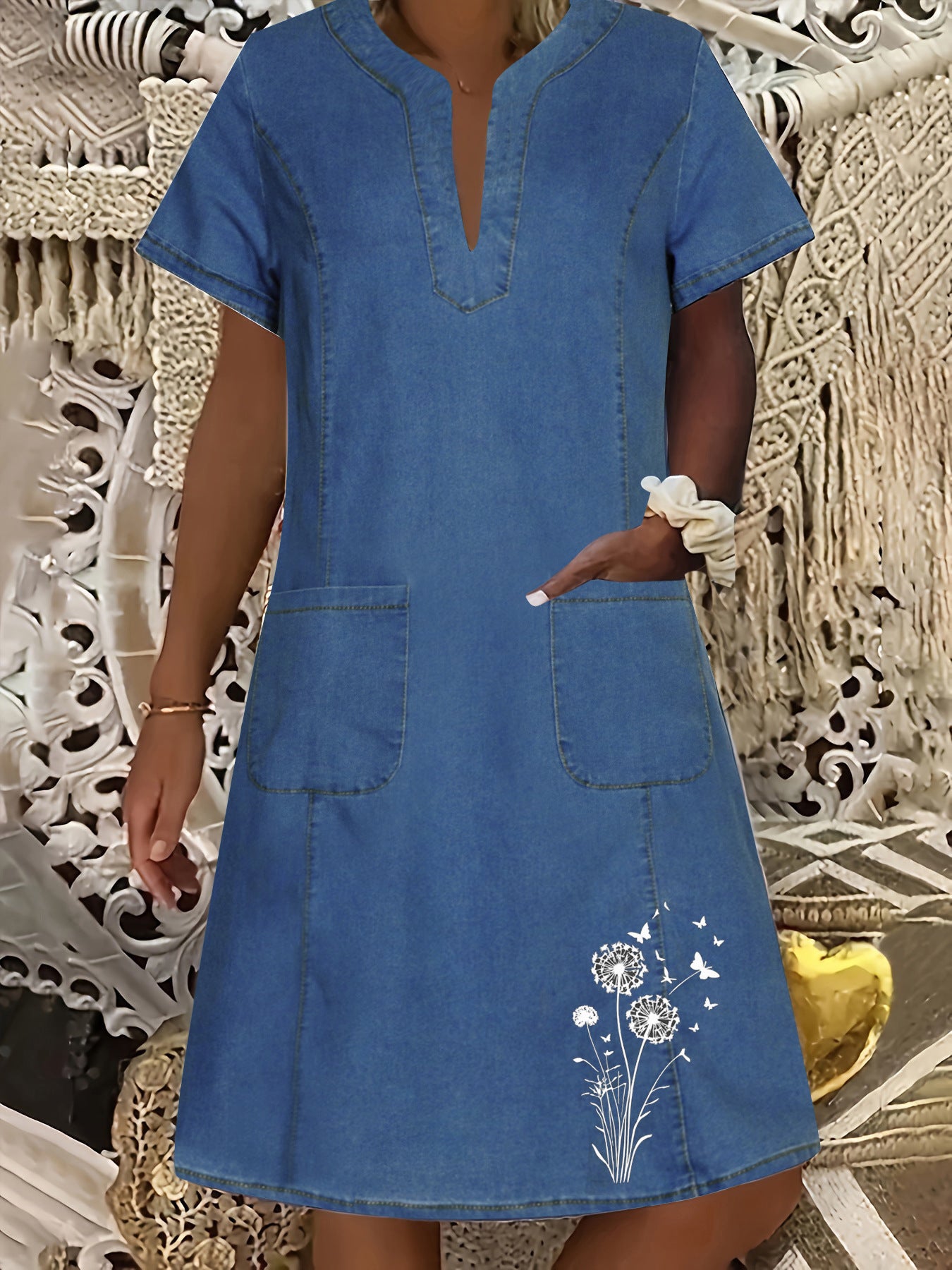 Women's Denim Dress Dark Blue Thin Pocket Dresses