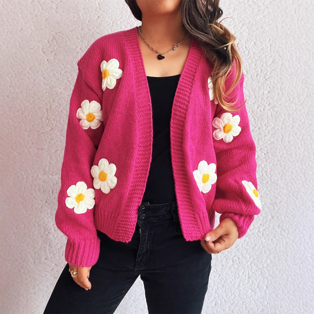 Versatile Sweet Leisure Knitted Stitching Flower Sweaters