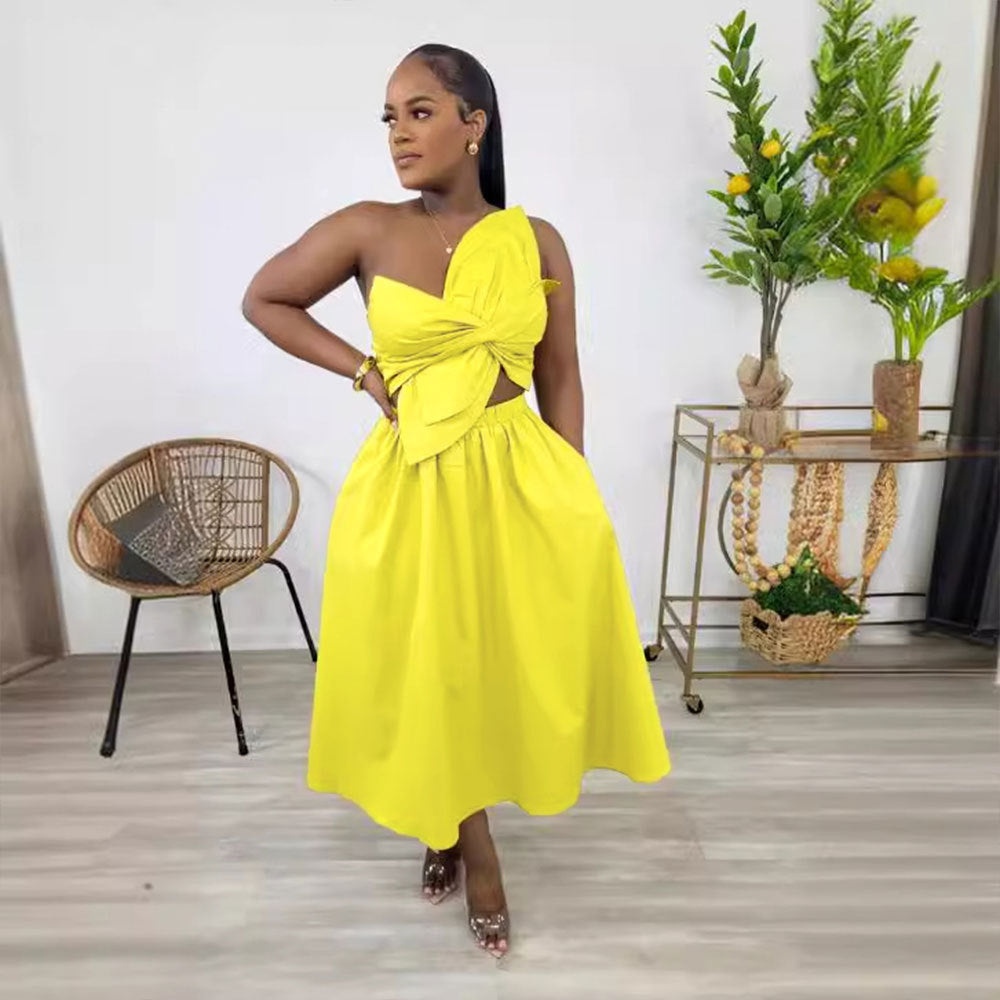 Sexy Solid Color Smocking One Shoulder Petal Hollow Dresses