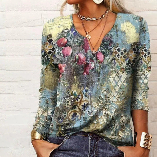 Women's Casual Loose Long-sleeved Geometric Floral Button Blouses
