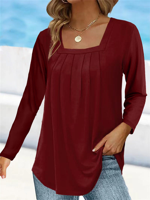 Women's Pleated Square Collar Long Sleeve Imitation Blouses