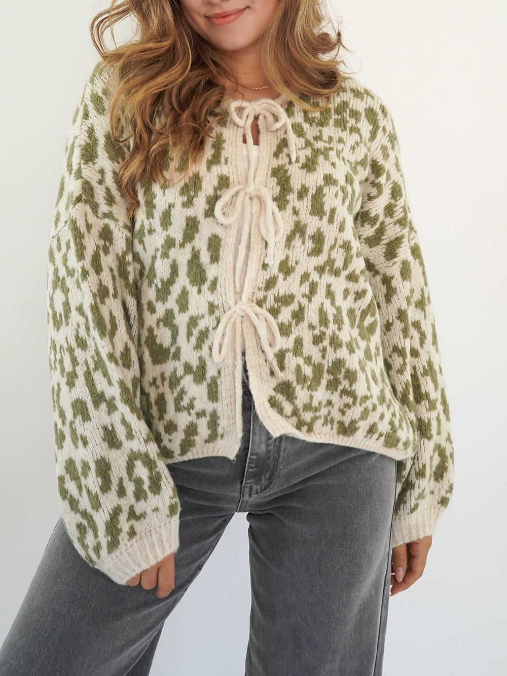Women's Round Neck Tied Knitted Vintage Leopard Knitwear