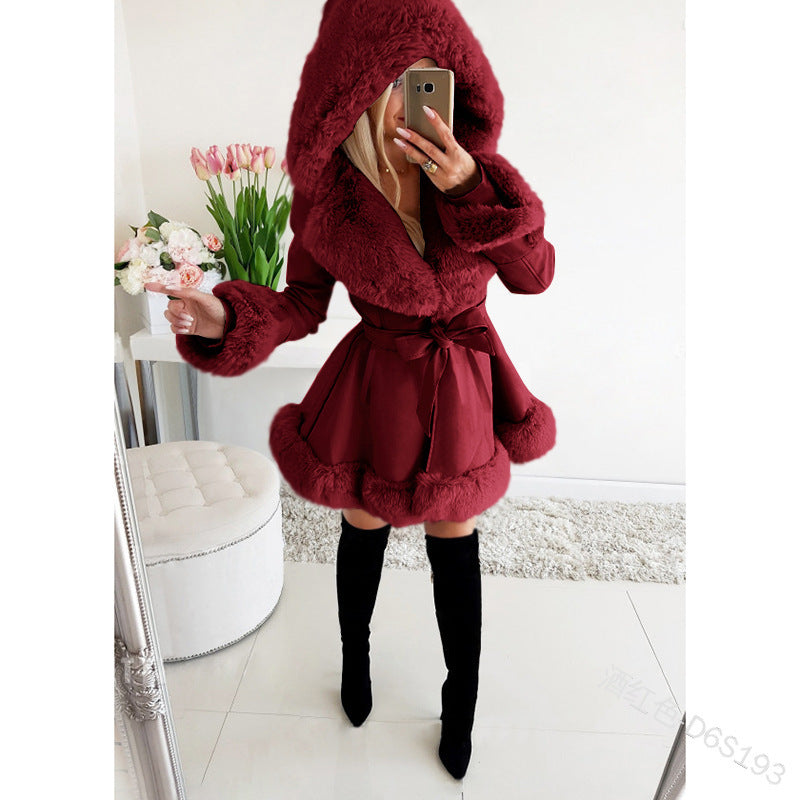 Women's Waist Trimming Winter Warm Ruffled Hooded Coats