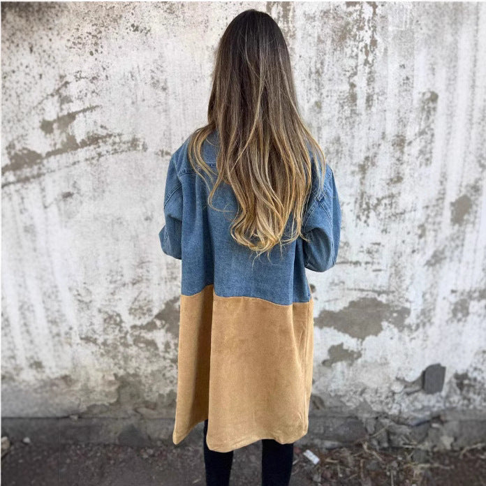 Women's Fashion Tailored Collar Denim Stitching Mid-length Jackets