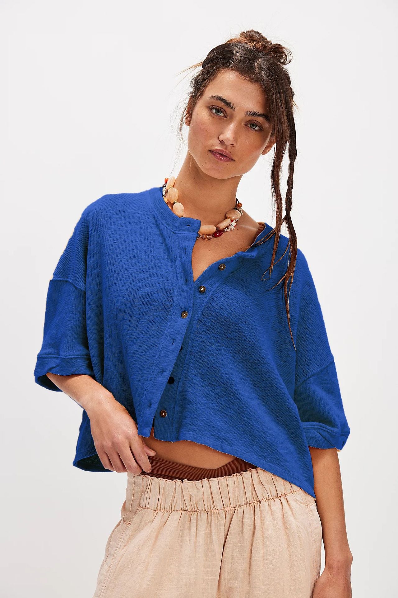Women's Casual Linen Button Half Sleeve Solid Blouses