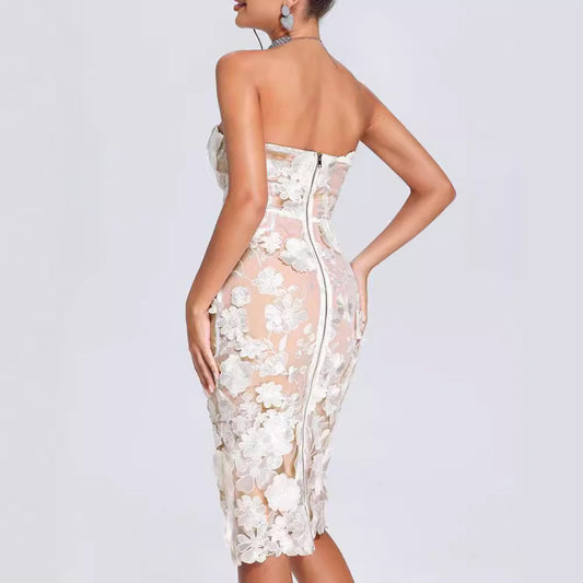Flower Decoration Slim White Sexy Tube Dresses
