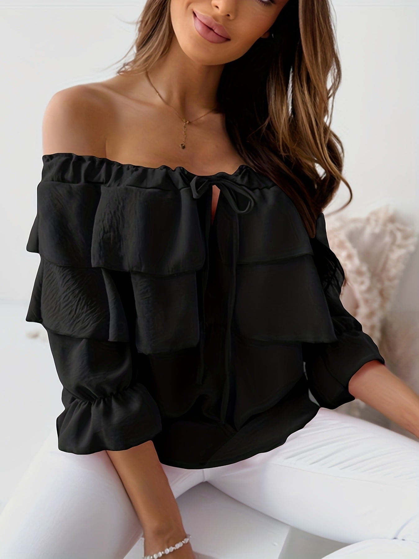 Women's Shoulder Tied Lotus Leaf Casual Loose Blouses