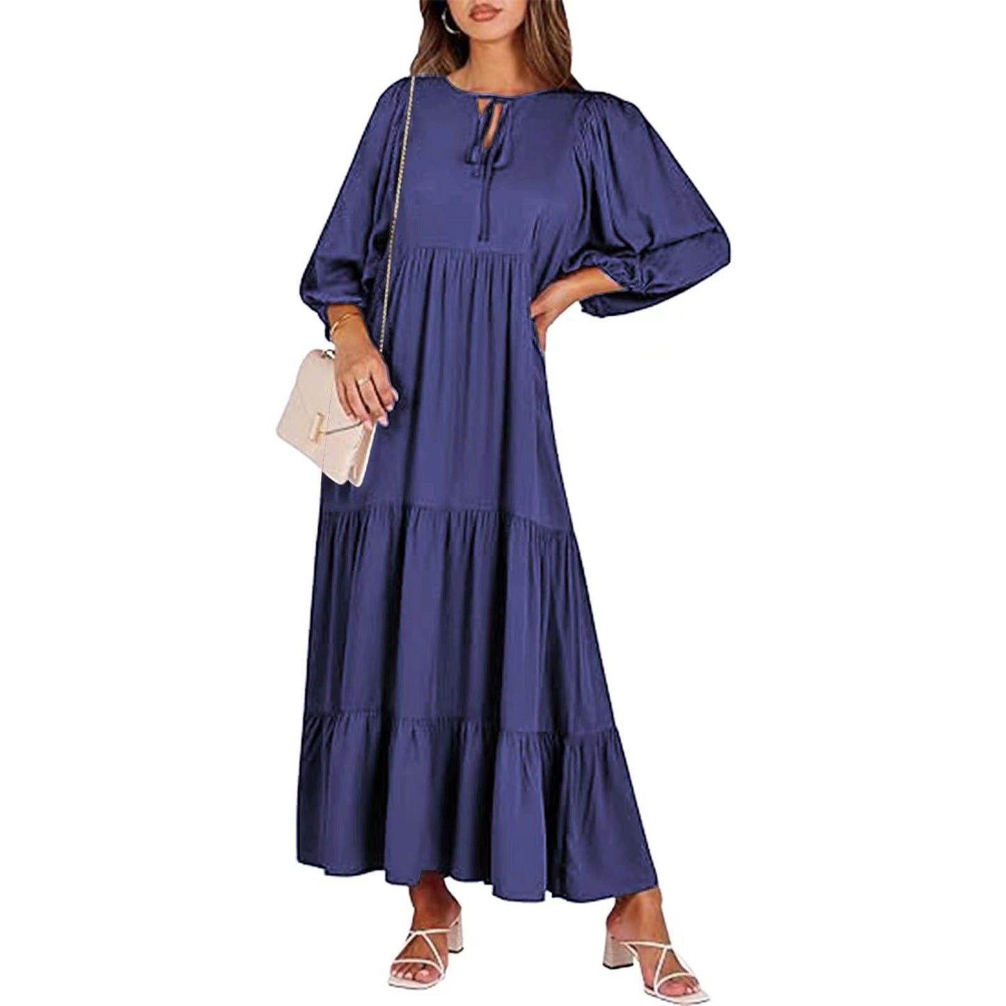 Women's Autumn Geometric Collage Puff Sleeve Dress Street Clothing