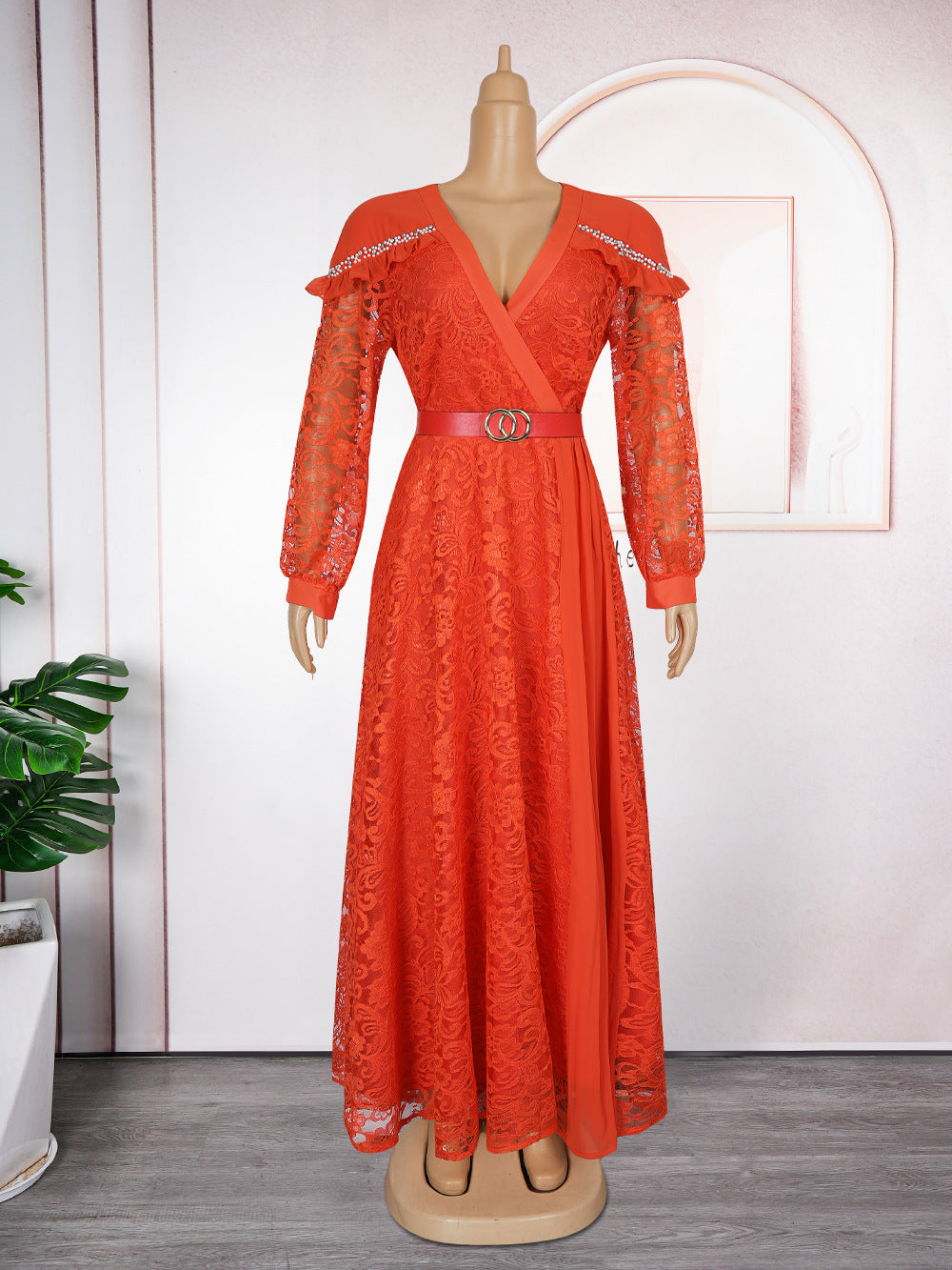 Women's Lightly Mature Cinched Patchwork Lace Dress Dresses