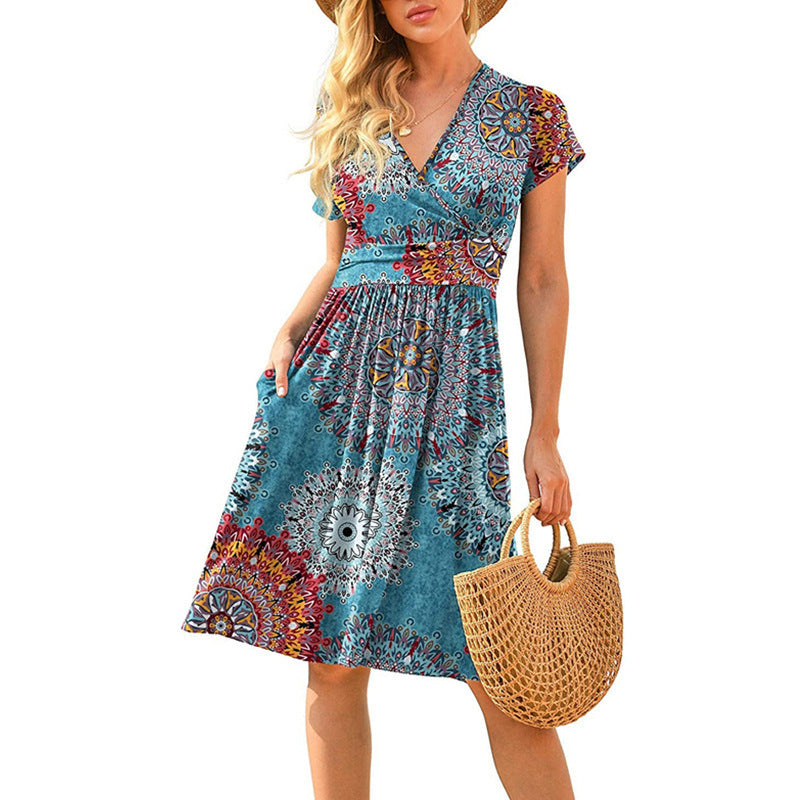 Women's Sleeve Printed Pocket Mid-length Dress Dresses