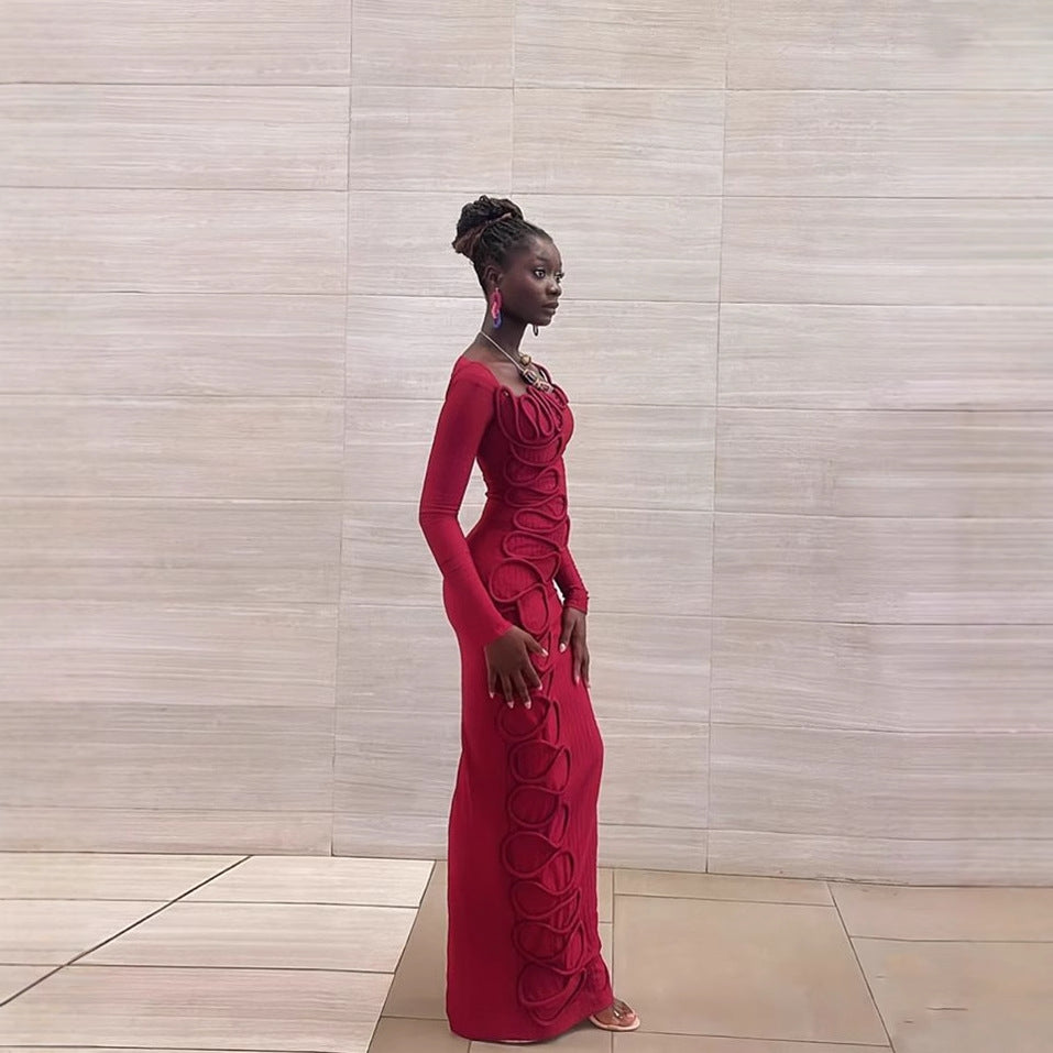 String Decorative Square Collar Long Sleeve Dresses