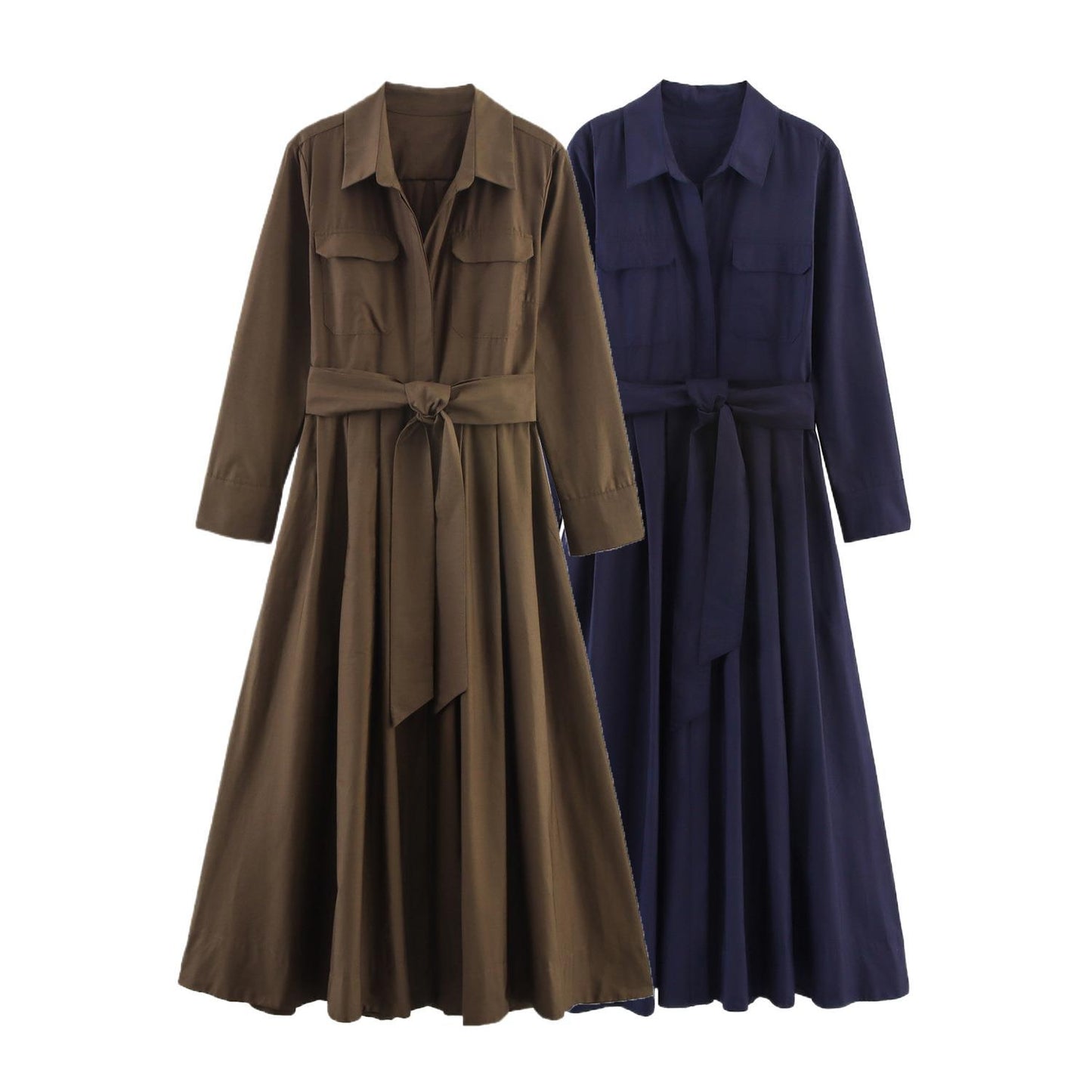 Women's Autumn Lapel Long Sleeve Pocket Shirt Dresses