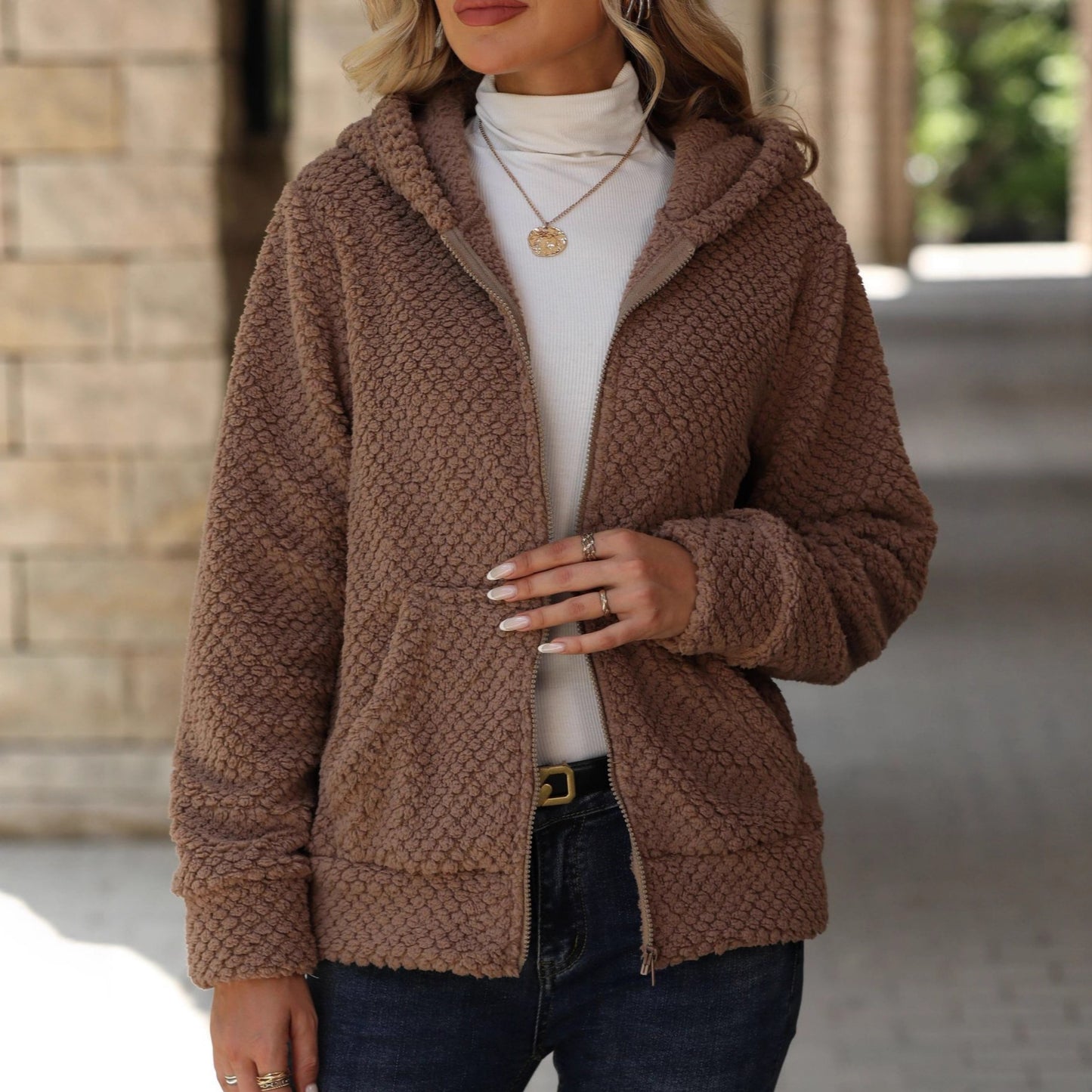 Women's Shiny Veet Loose Pockets Hooded Zip Coats
