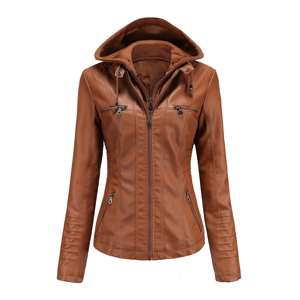 Women's Hooded Leather Two-piece Detachable Large For Jackets