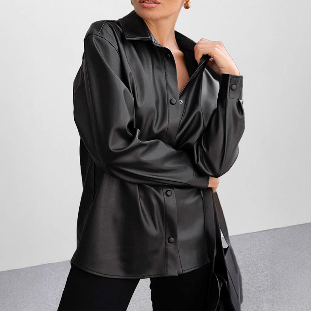 Women's Retro Black Leather High-grade Mid-length Clothing
