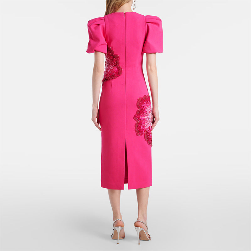 Fashion Bead Sequined Three-dimensional Flower Short-sleeved Dresses