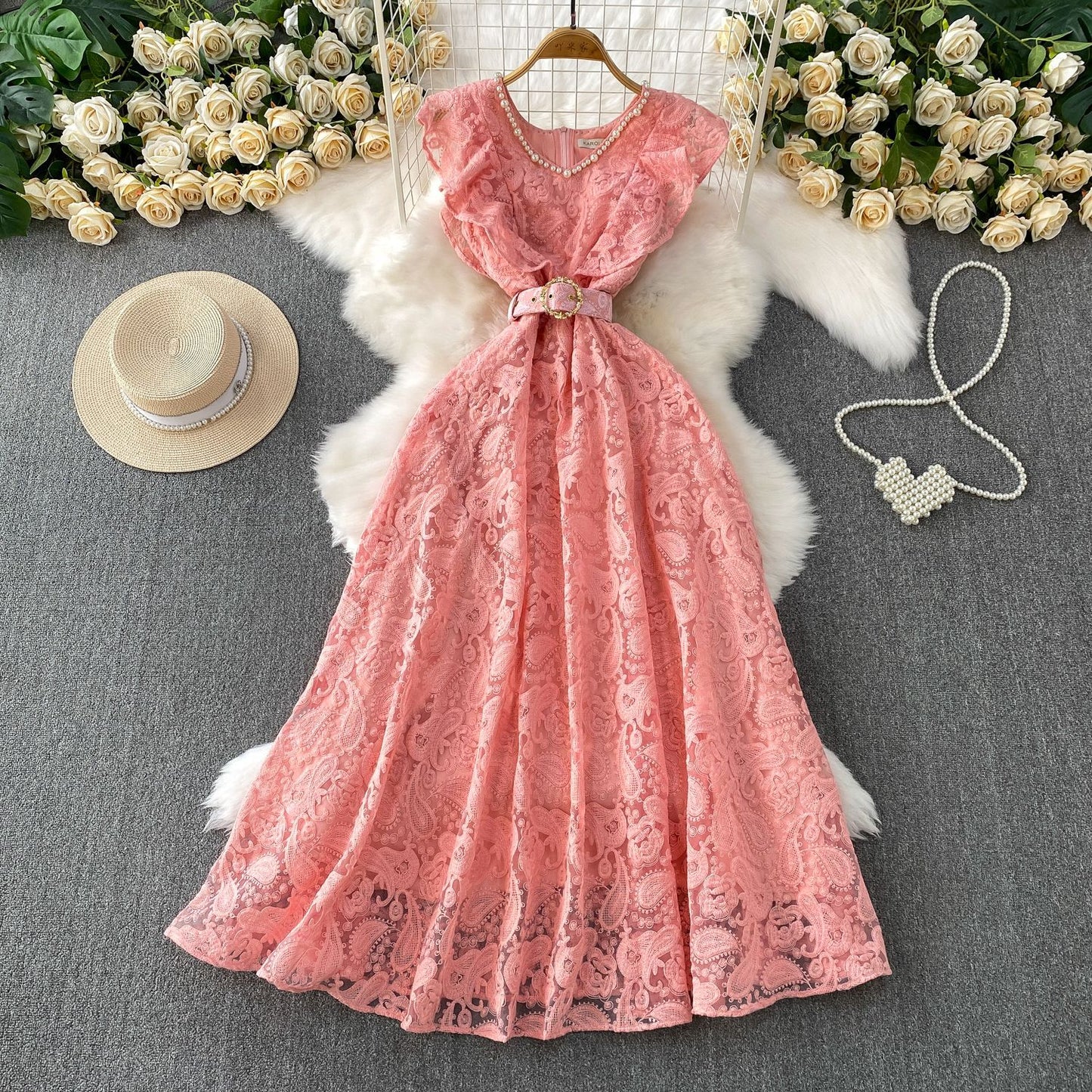 Women's Flying Sleeve Dress Mesh Embroidered Waist Dresses