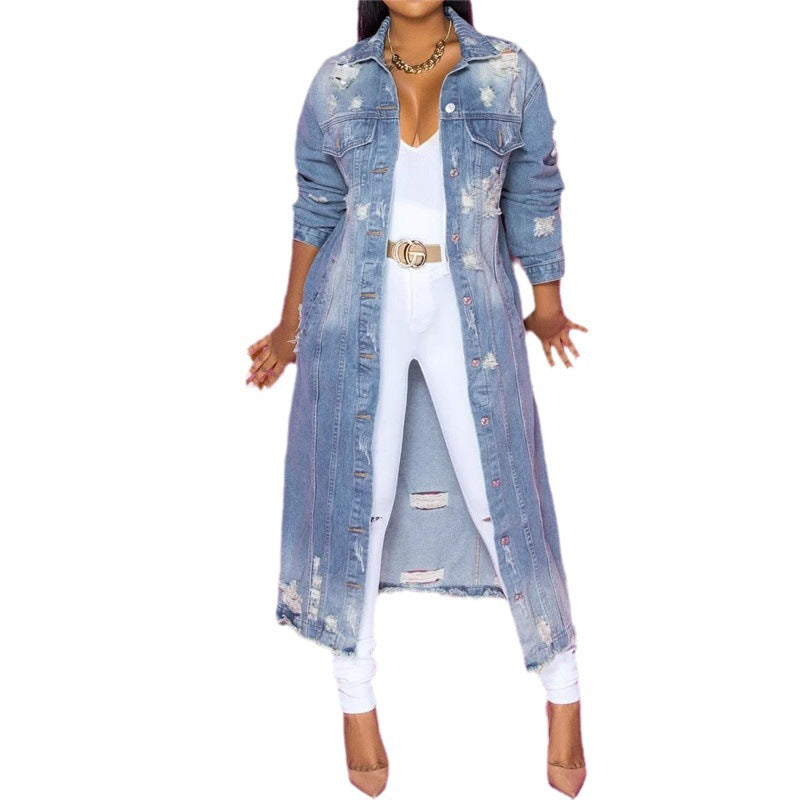 Women's Lapel Breasted Water Washed Hole Denim Jackets