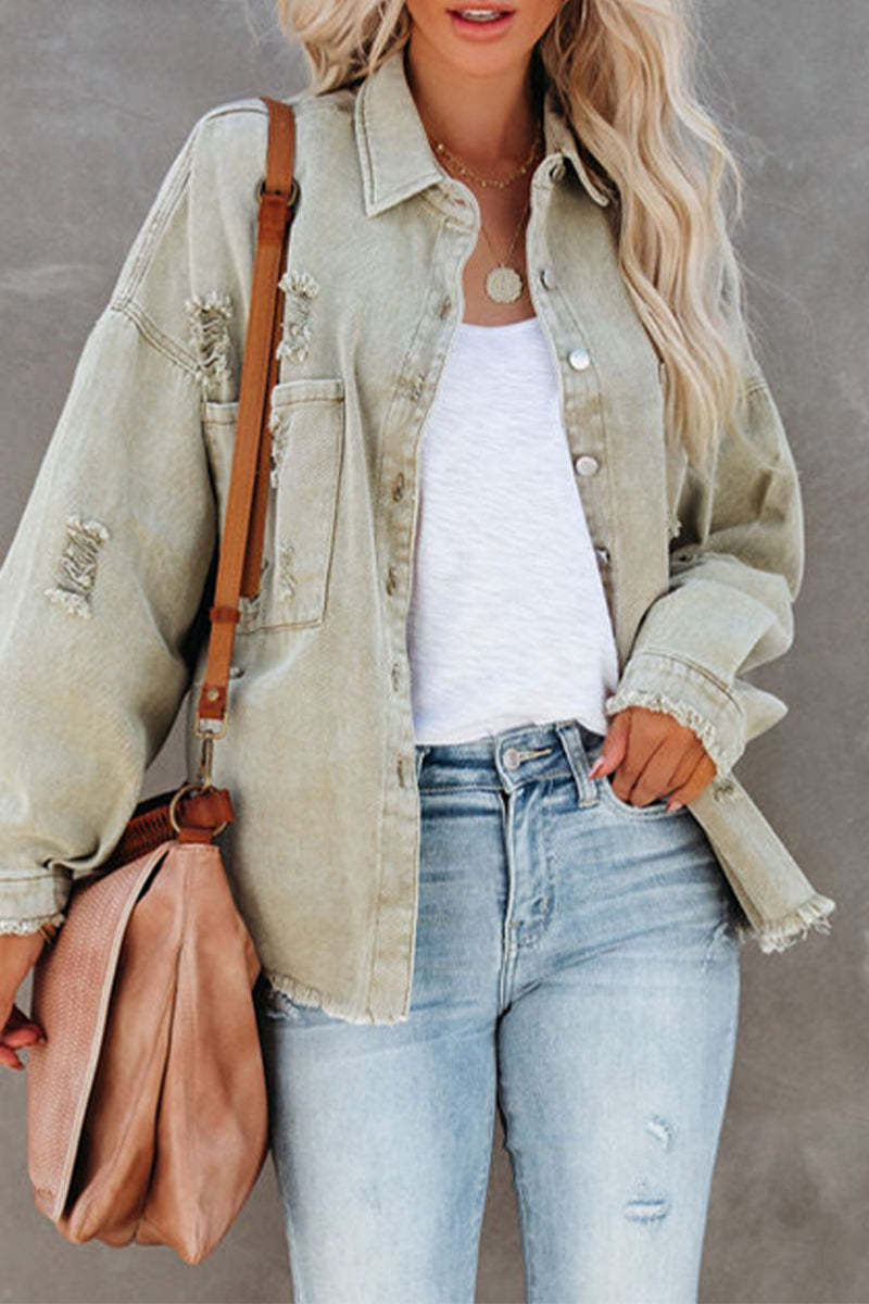 Women's Long Sleeve Raw Hem Ripped Denim Jackets