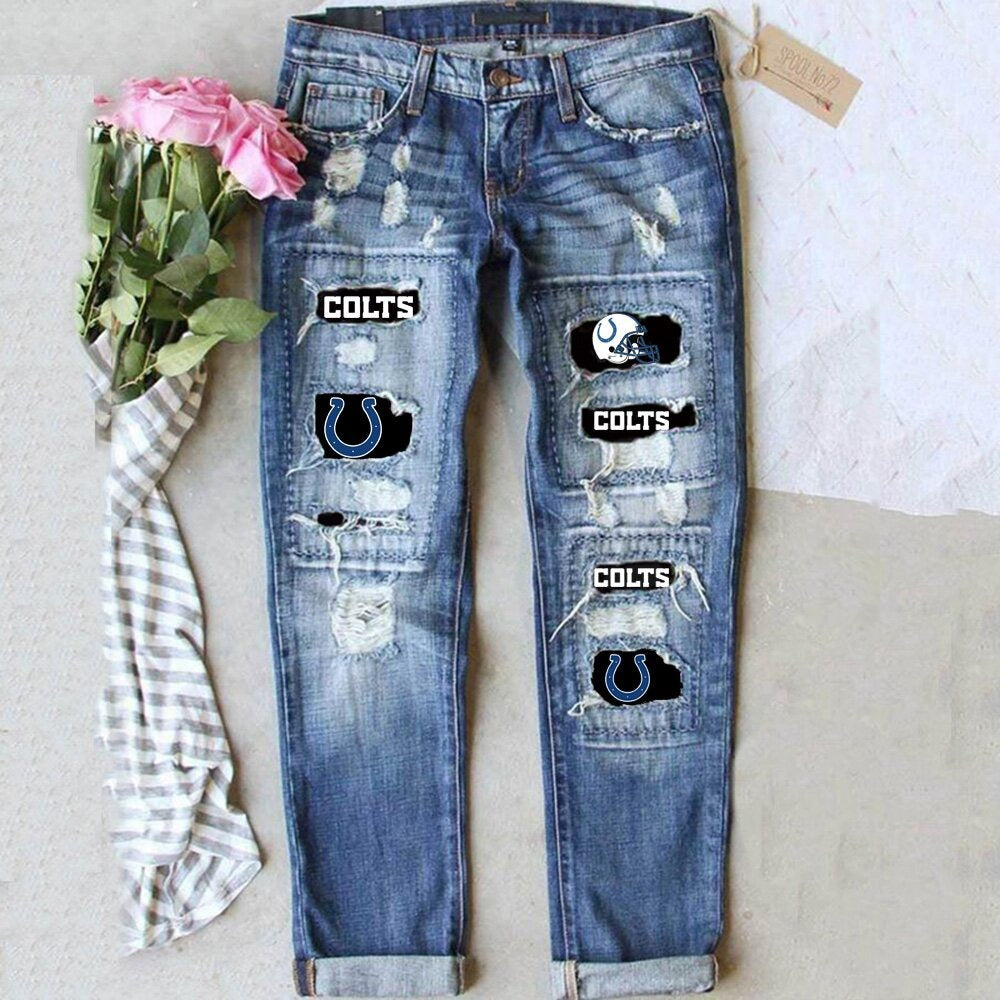 Women's Ripped Print Street Contrast Color Straight Jeans
