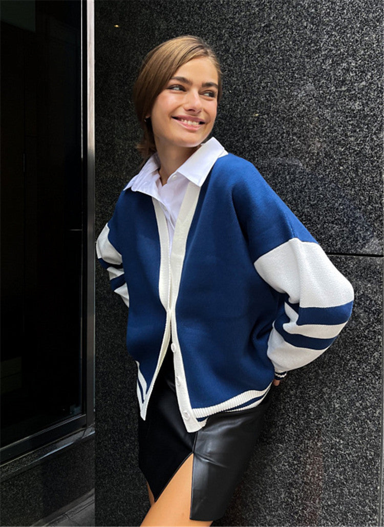 Women's Fashion Color Contrast Loose Casual Striped Sweaters