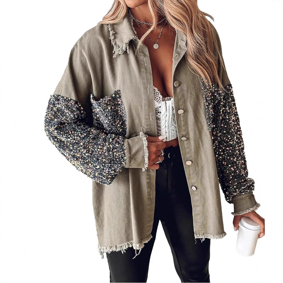 Denim Pullover Long Sleeve Sequined Patchwork Jackets