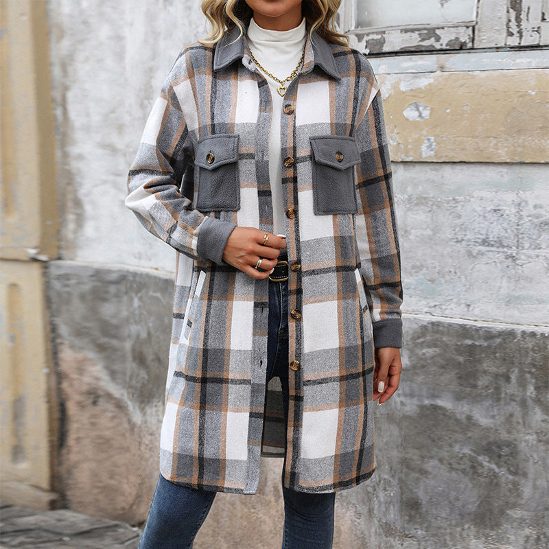 Women's Mid-length Plaid Vintage Brushed Square Splicing Coats