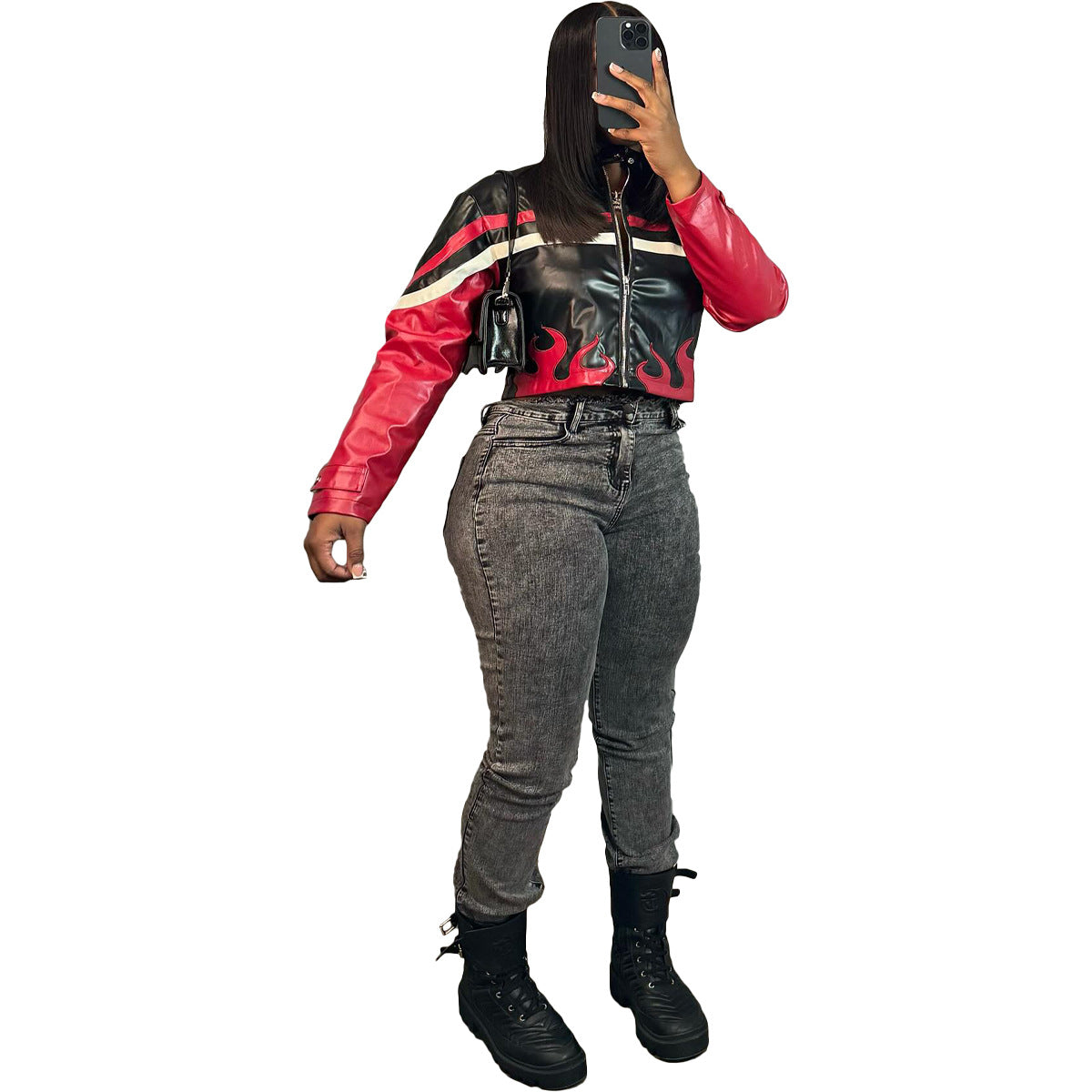 Women's Embroidered Flame Stitching Locomotive Leather With Jackets