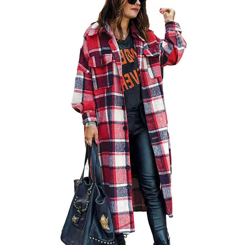 Women's Long Sleeve Loose Button Plaid Shirt Coats