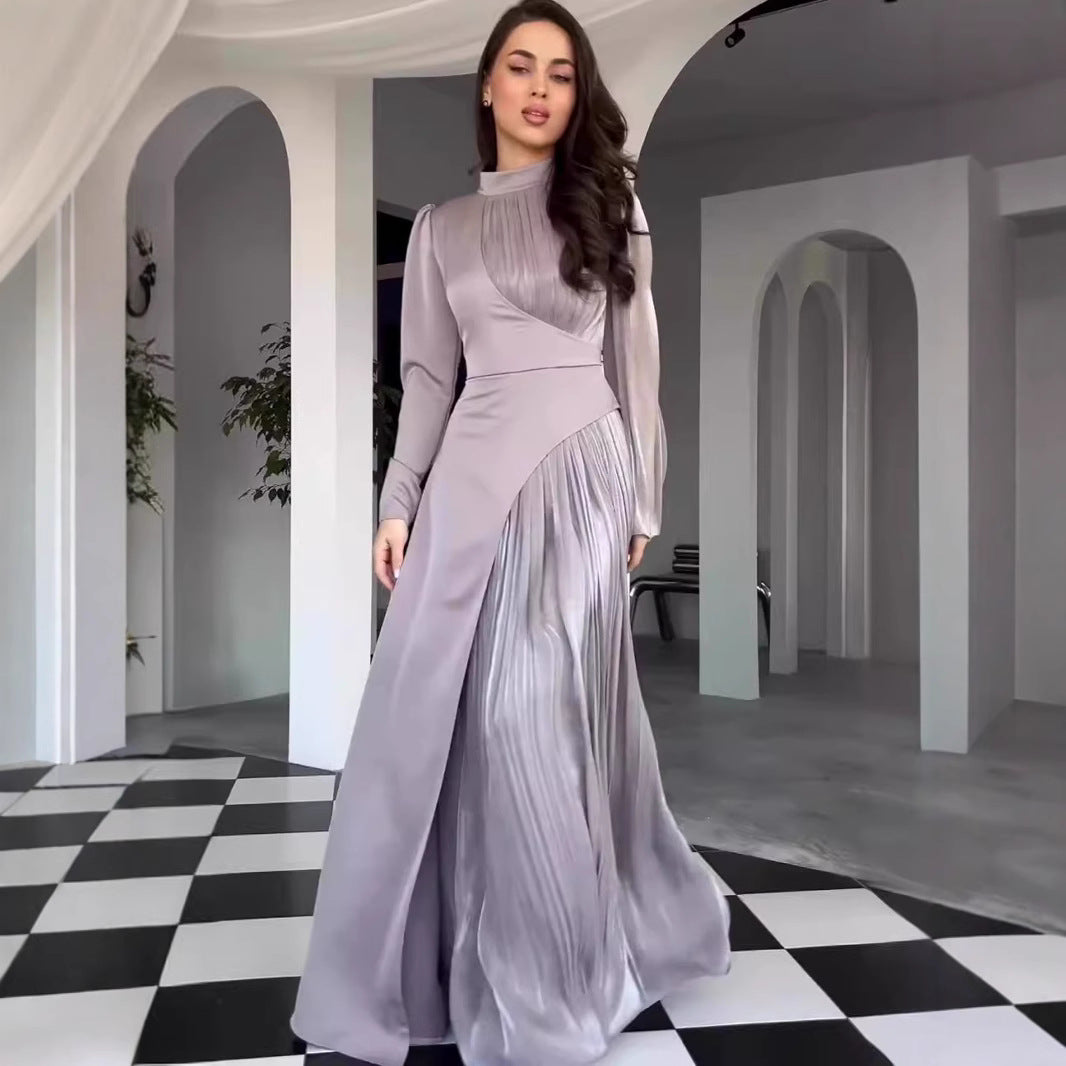 Women's Round Neck Contrast Color Long Sleeve High Waist Dresses