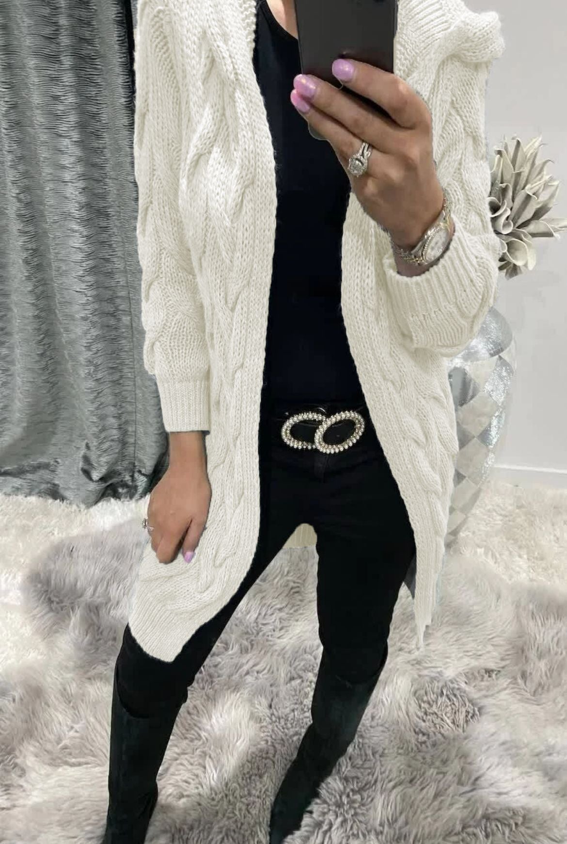 Women's Long Hooded Knit Twisted Sleeve Solid Knitwear