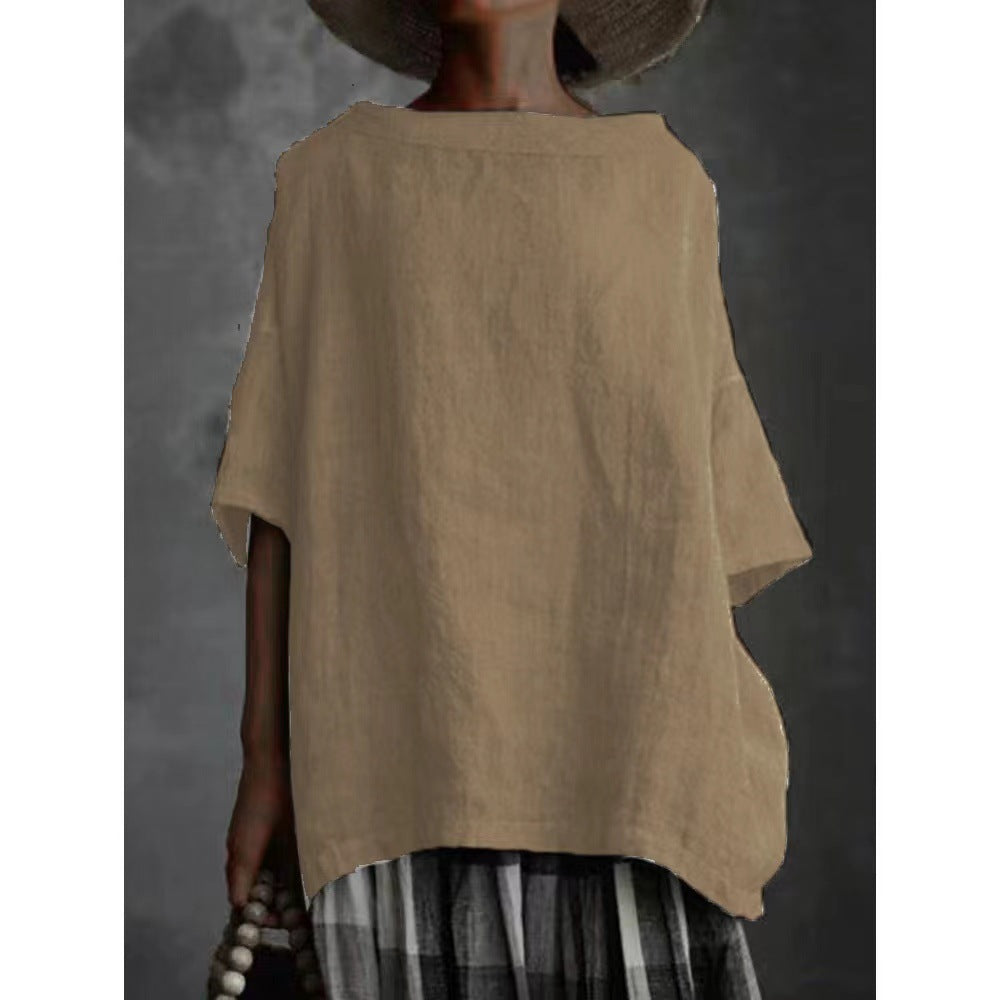 Women's Neck Cotton Linen Style Solid Color Blouses