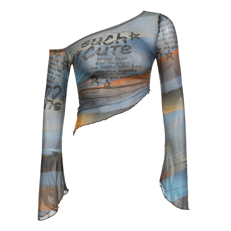 Contrast Color Letter Print T-shirt Lightweight Mesh Flared Blouses